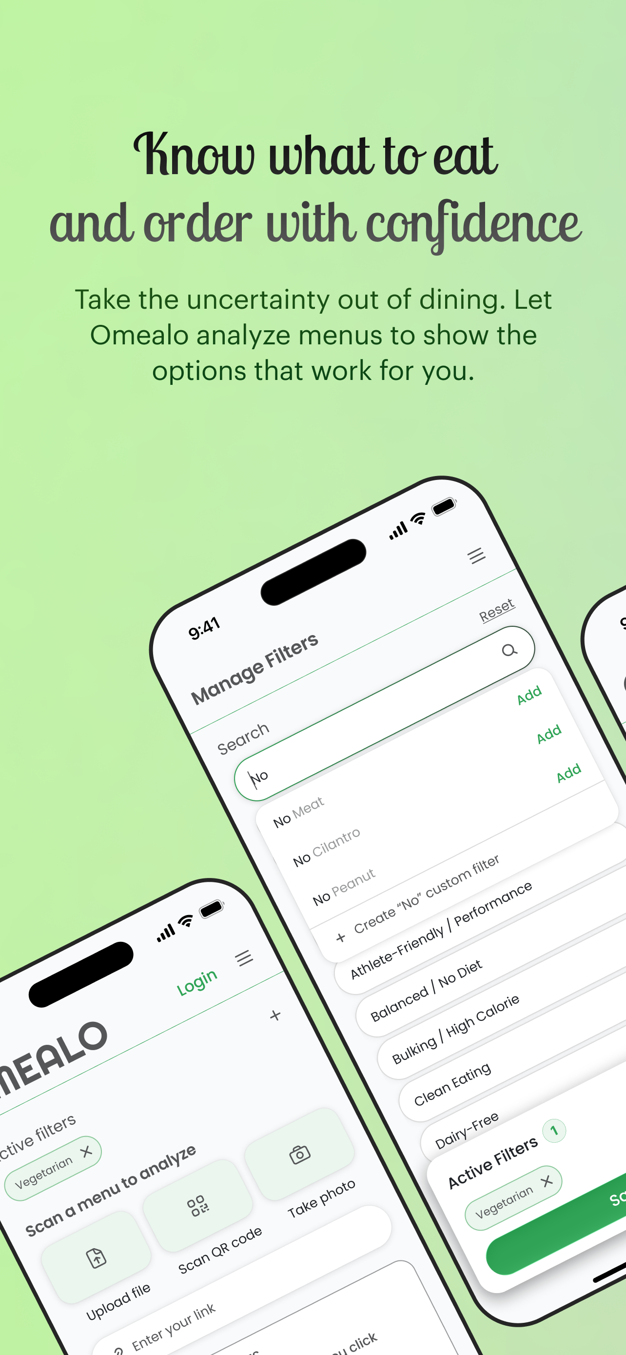 Omealo app screenshots showing filter setup and menu scan options