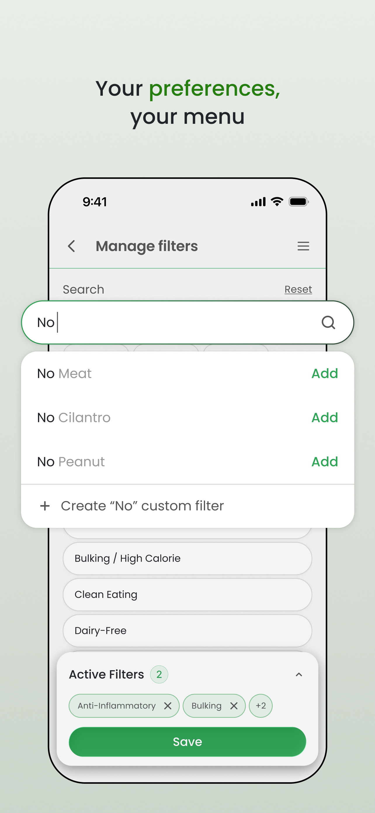 Omealo filter screen for choosing preferences