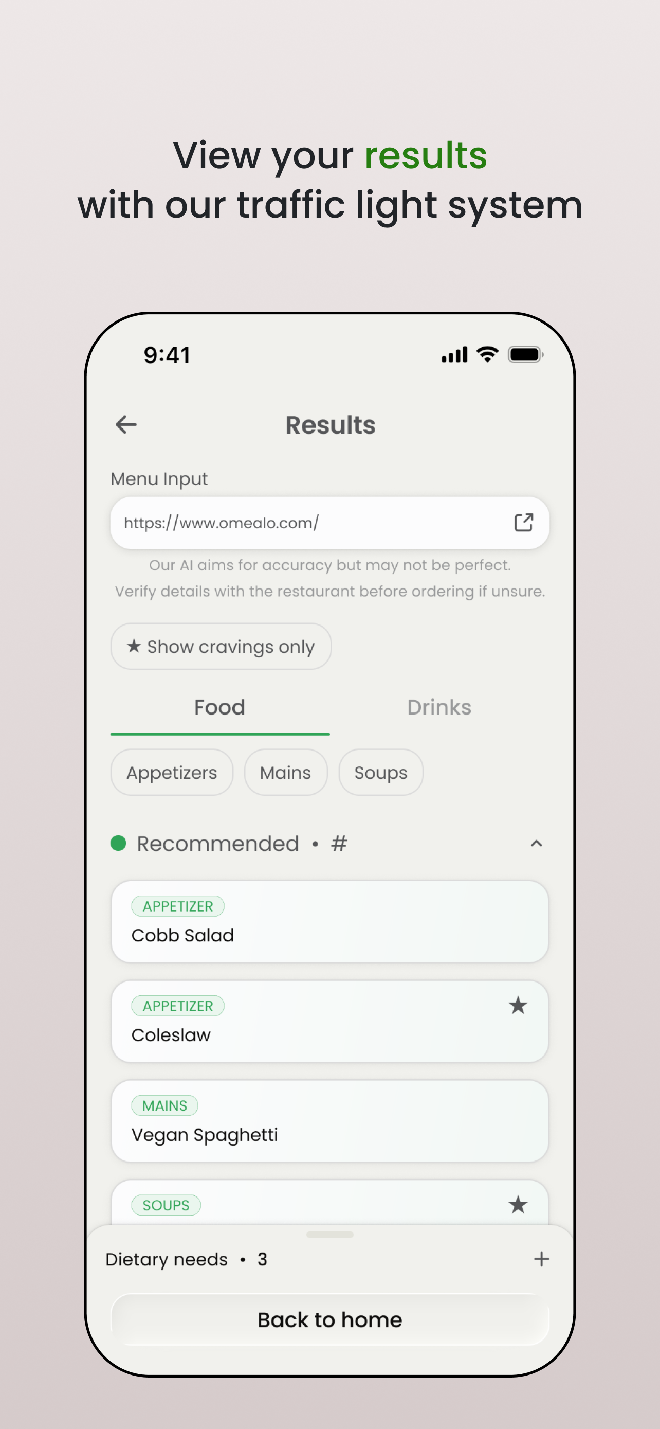 Omealo results screen with recommended dishes